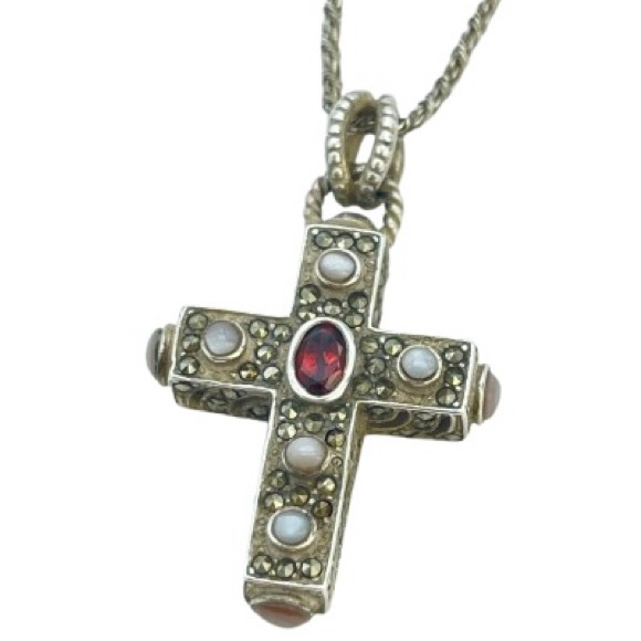 Vintage Jewelry - Silver Garnet, Marcasite & Mother of Pearl Cross Pendant Necklace | 925 Sterling